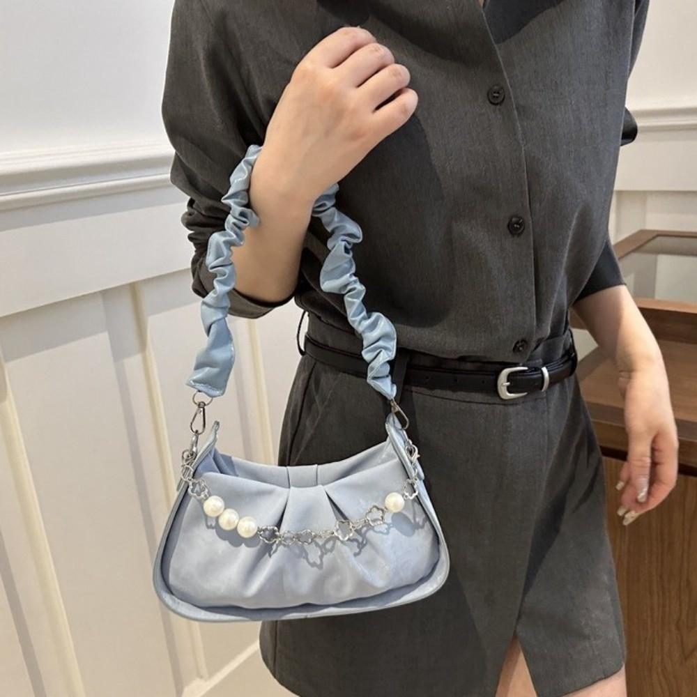 Korean Style Pearl Chain Crossbody Bag Solid Color Pleated Handbag Cloud Shoulder Bag Outdoor
