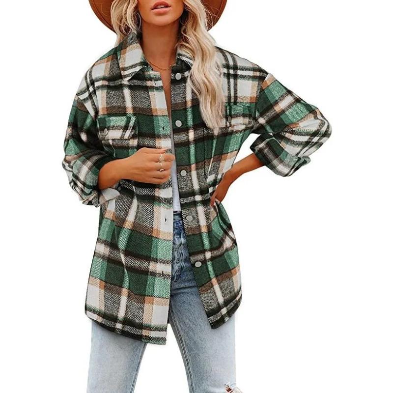 Autumn and Winter Long-sleeved Loose Plaid Shirt Tweed Jacket Female