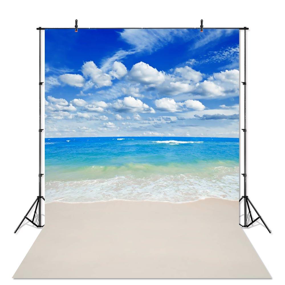 Sea Beach Sand Cloudy Blue Sky Scene Summer Beach Photography Backdrop for Photo Studio Tropical Palms Coconut Tree Background