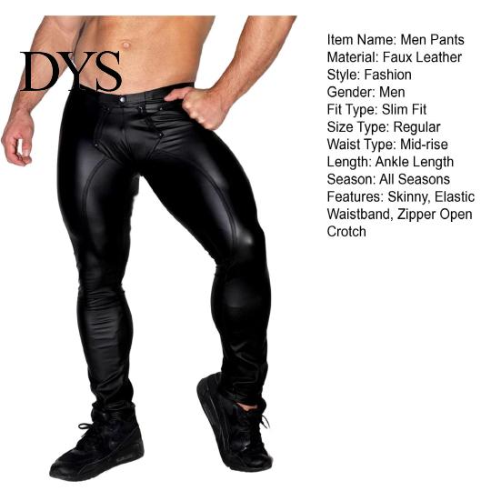 Trousers Mid-rise Elastic Waistband U Convex Zipper Open Crotch Men Pencil Pants Sexy Skinny Faux Leather Stage Performance