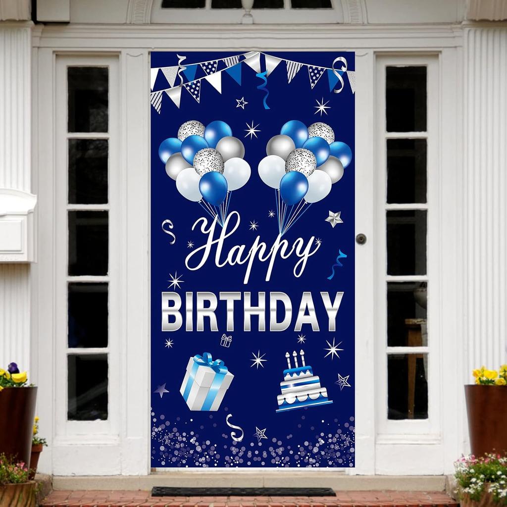 Blue Silver Happy Birthday Door Banner Decorations for Men Boys, Happy Birthday Door Cover Sign Party Supplies, 16th 21st 30th 40th 50th 60th
