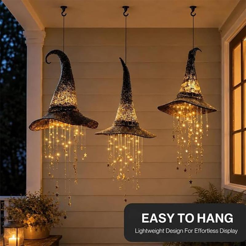 Lighted Witch Hat Hanging Chime, Halloween Outdoor Ornament, Glowing Mesh Cascading Stars, Black Frame Decoration, Party Decor