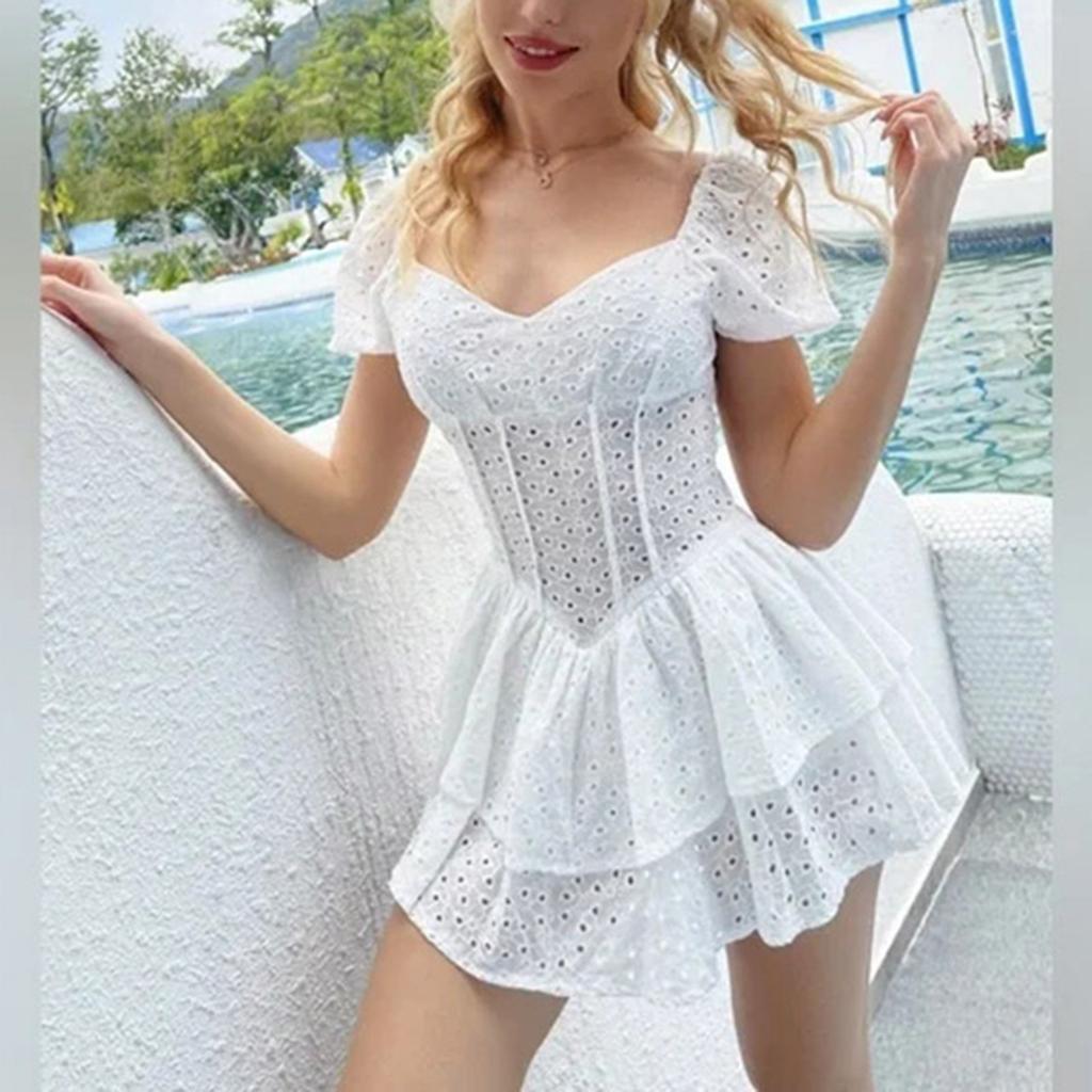 Women's Fashion Sexy Hollow Square Neck Bubble Sleeve Double Layer Dresses