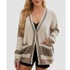 Women's Casual Knitted Jacket Pocket Color Blocked Cardigan Sweater  Loose Jacket