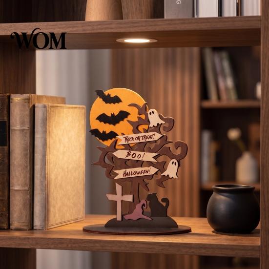 Halloween Table Decorations Moon Bat Ghost And Dead Tree Tabletop Ornament, Rustic Wood Art Decorative Centerpiece for Home Desktop Holiday