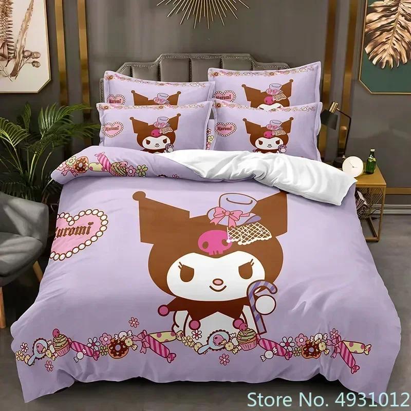Sanurgente Kuromi Melody Bedding Set Pillowcase Anime Bedclothes Cartoon 3D Printed Kids Adult Boys Quilt Duvet Cover Gift