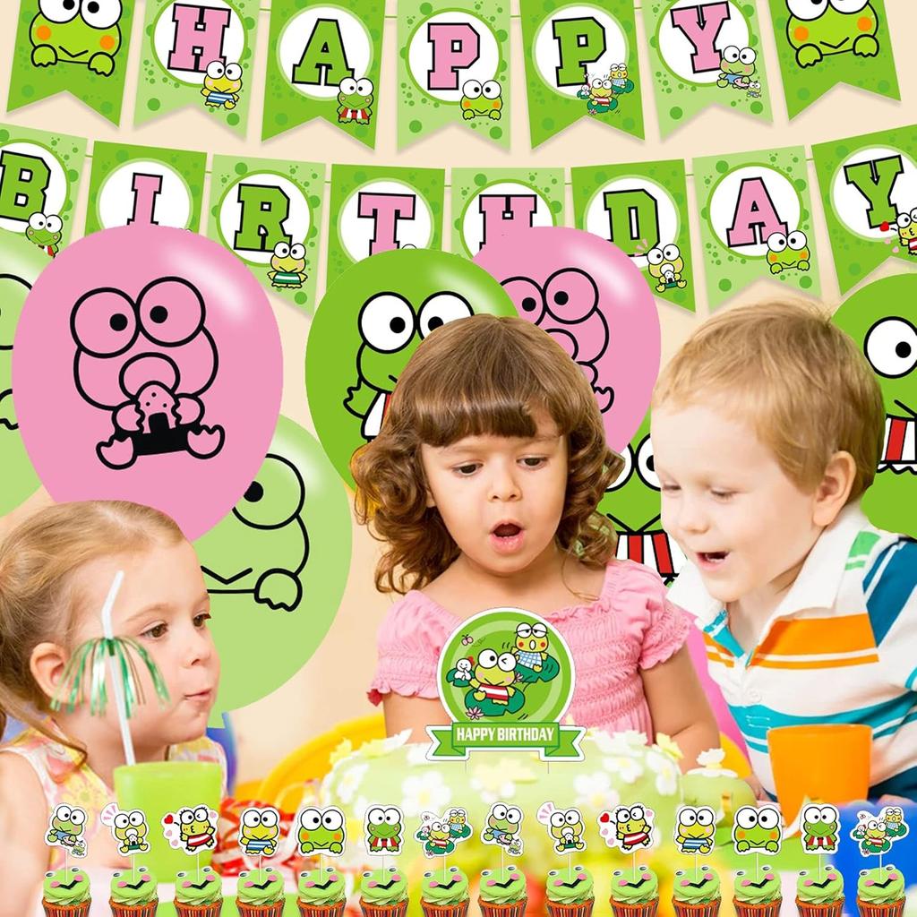 The Frog of Keroppi Birthday Party Decorations, Cartoon Big-Eyed Frog Theme Birthday Supplies set with Happy Birthday Banner,Cake Toppers,Balloons