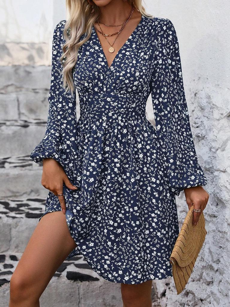 Asymmetric Neck Lantern Sleeve Ruffle Waist Dress