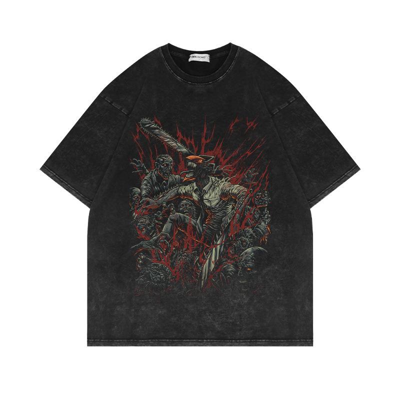 Summer New Pure Cotton Tide Brand American Retro Men's Clothing Washed Old Chainsaw Man Animation Loose T-shirt Men and Women Ins