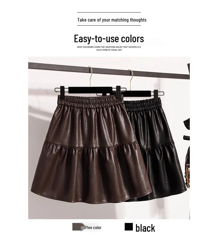 Plus Size High-Waisted PU Leather A-Line Layered Mini Skirt Pants for Spring/Autumn - Fluffy, Anti-Exposure, Slimming