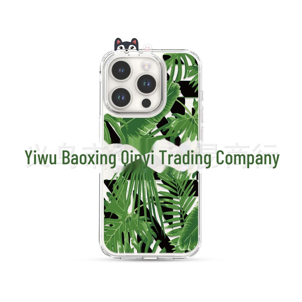 Green Parrot Watercolor Flowers & Birds Phone Case for 15/15pro, Inspired by the Forest's Colorful Ecological Chain.