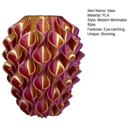 3D Printed Red Gold Flower Vase Sculptural Wave Geometric Textured Decorative Ripple Vase Modern Boho Home Decor for Coffee Table Shelf Entryway