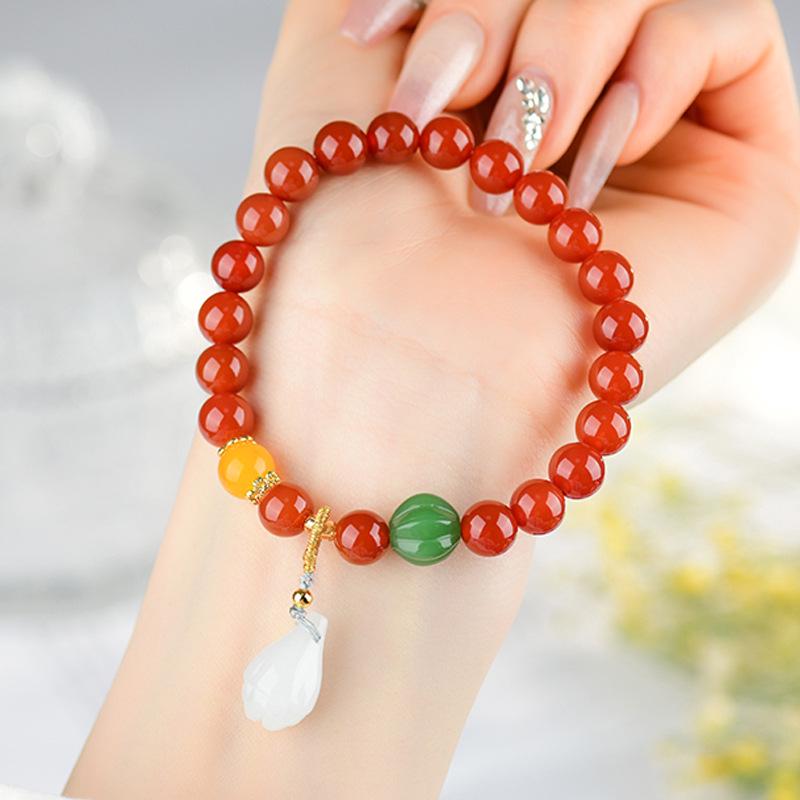 

Red Agate Magnolia Bracelet - Chinese Retro Style Temple Hand String Jewelry Gift