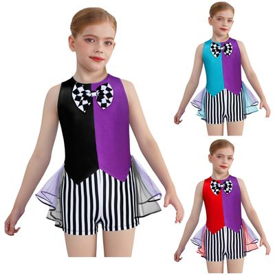 Girls Circus Costume Fairytale Tea Party Dress Sleeveless Stripes Checkerboard Bow Knot Tutu Bodysuit