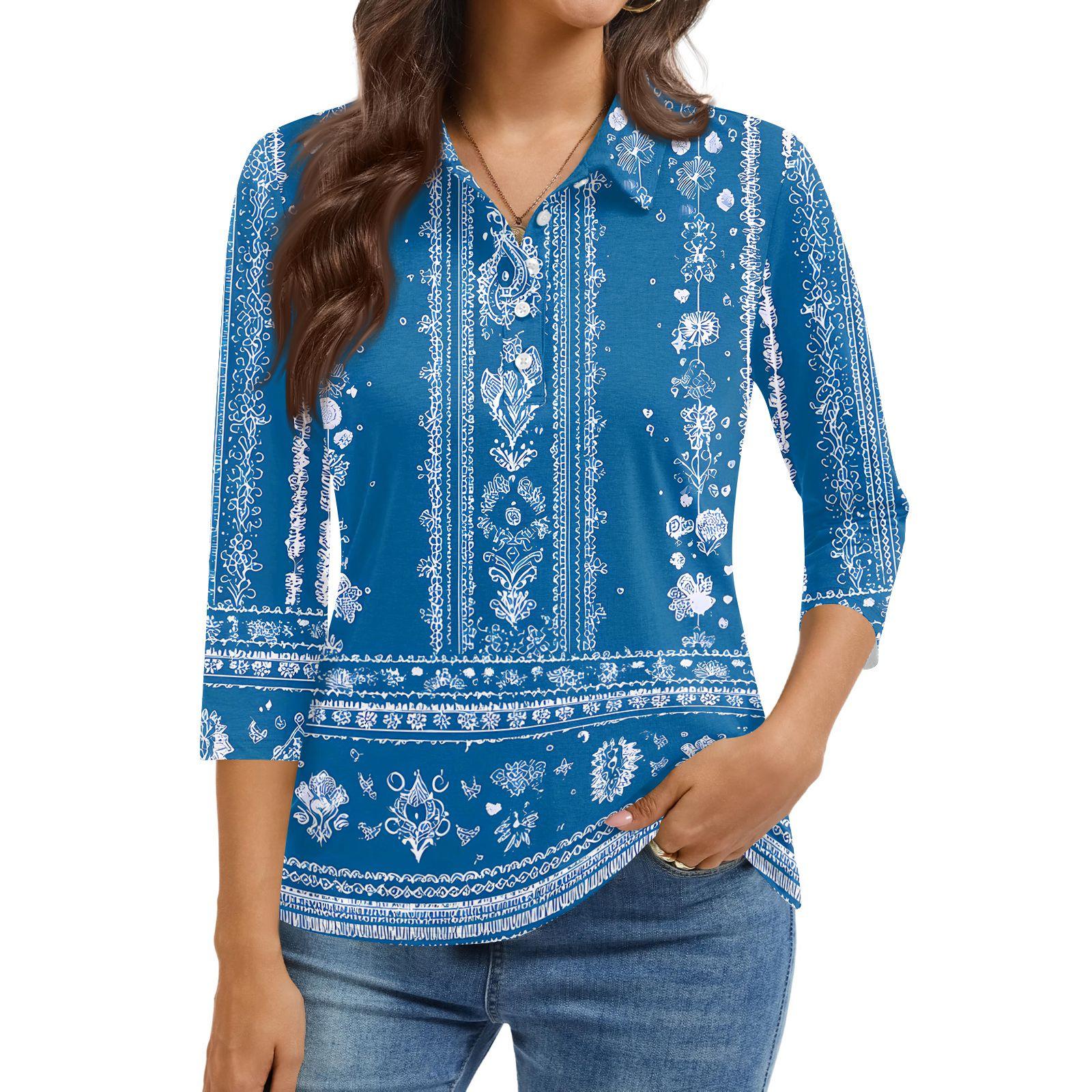 

Женская модная повседневная рубашка с лацканами и рукавом 3/4 с принтом, женские топы на пуговицах M