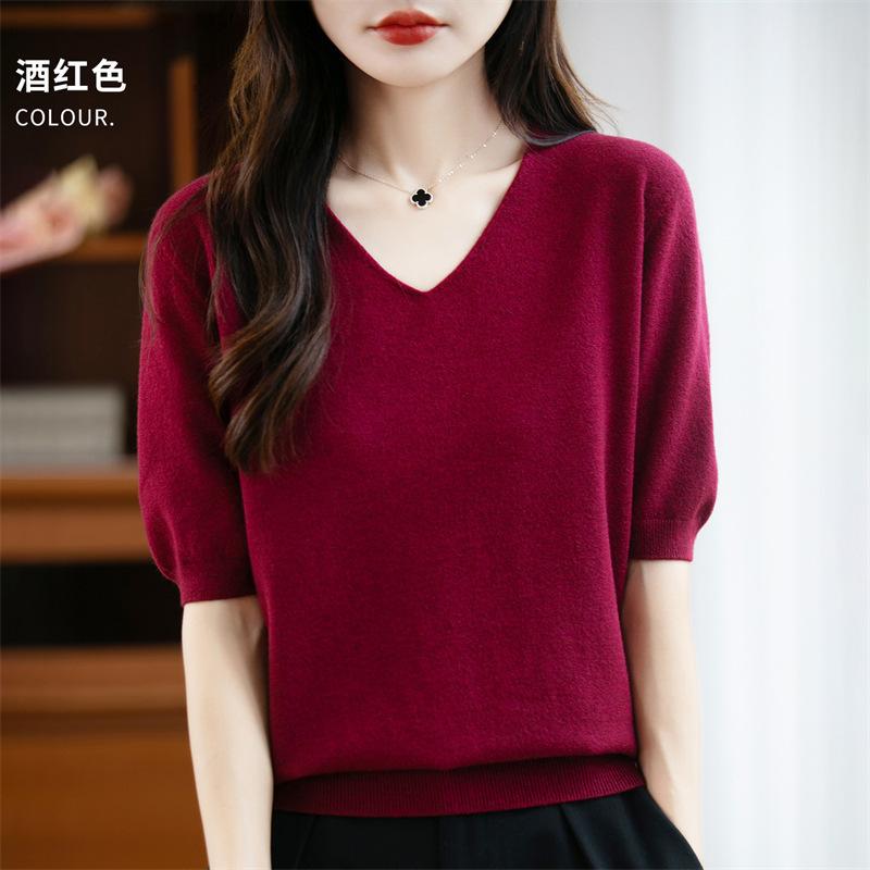 

В язана футболка з коротким рукавом для жінок Тонкий топ з V-подібним вирізом і рукавом до ліктя для літа та осені XL бордовий