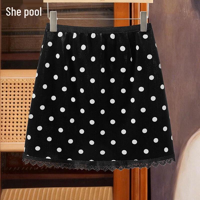 Women s Elastic High Waist A-Line Polka Dot Skirt with Lace Trim L