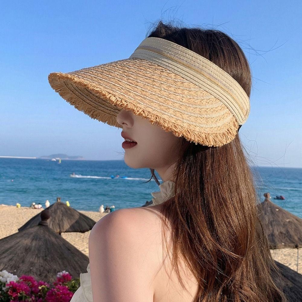 Solid Color Wide Brim Woven Breathable Folding Sunshade Hat Empty Top Straw Hat Seaside Vacation