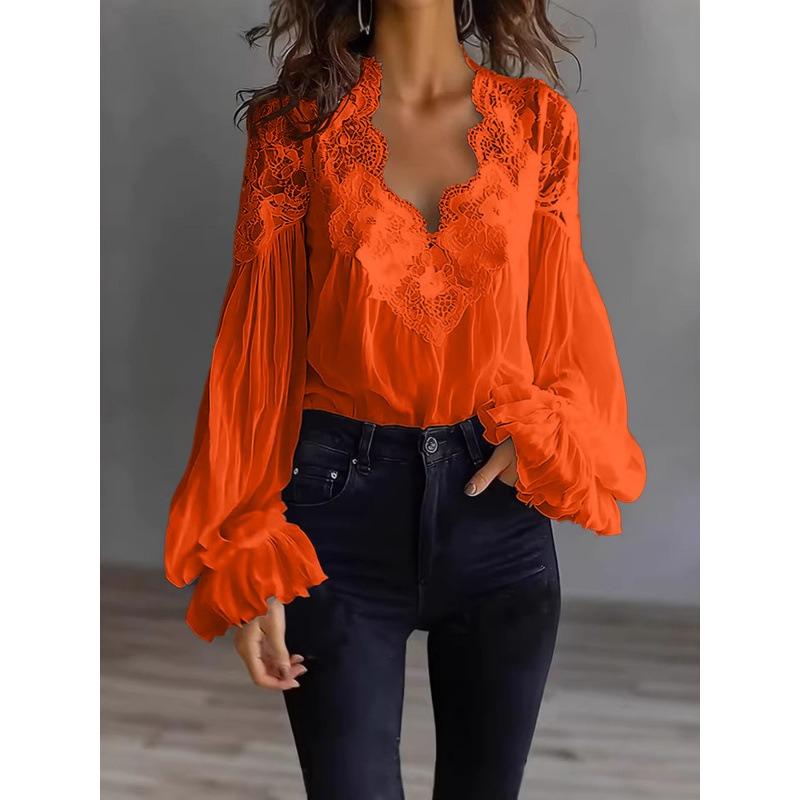QICED Women's Fashion Casual Solid Color Print Long Sleeve V Neck Blouses & Shirts