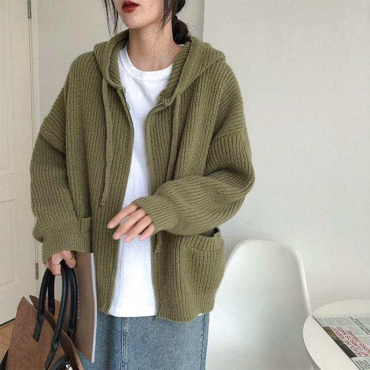 

Женский свободный вязаный кардиган с капюшоном, однотонный топ One size зелёный