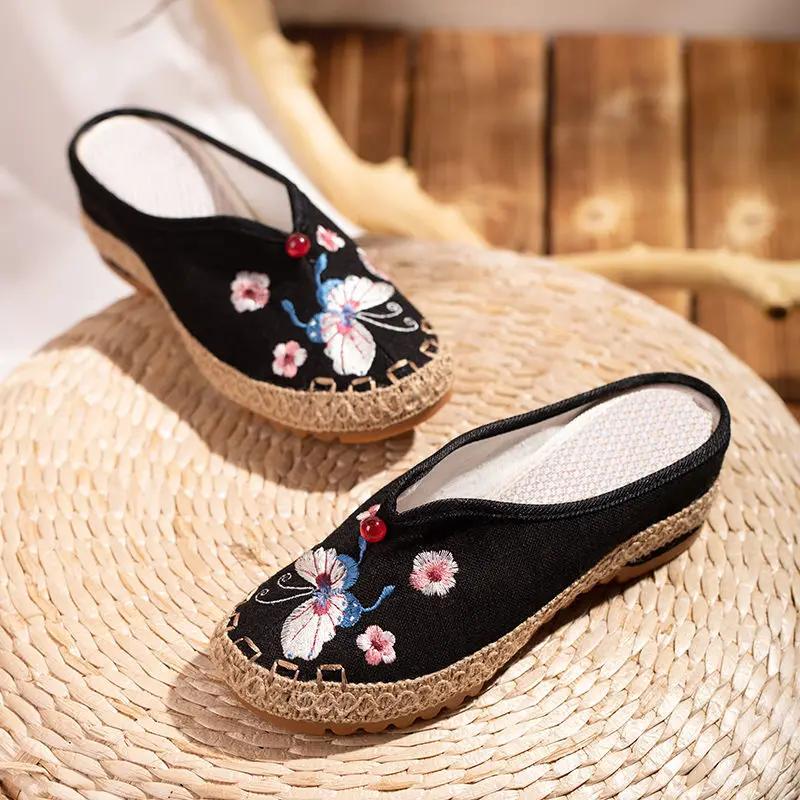 

Модные шлепанцы на танкетке, цвета экрю, мюли, винтажные женские тапочки и женские сандалии для улицы, оригинальная обувь Y W F 40 чёрный