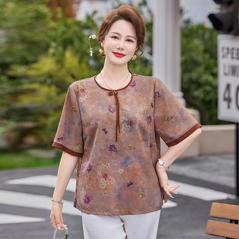 Womens Chinese Style Floral Print Short Sleeve Casual Blouse
