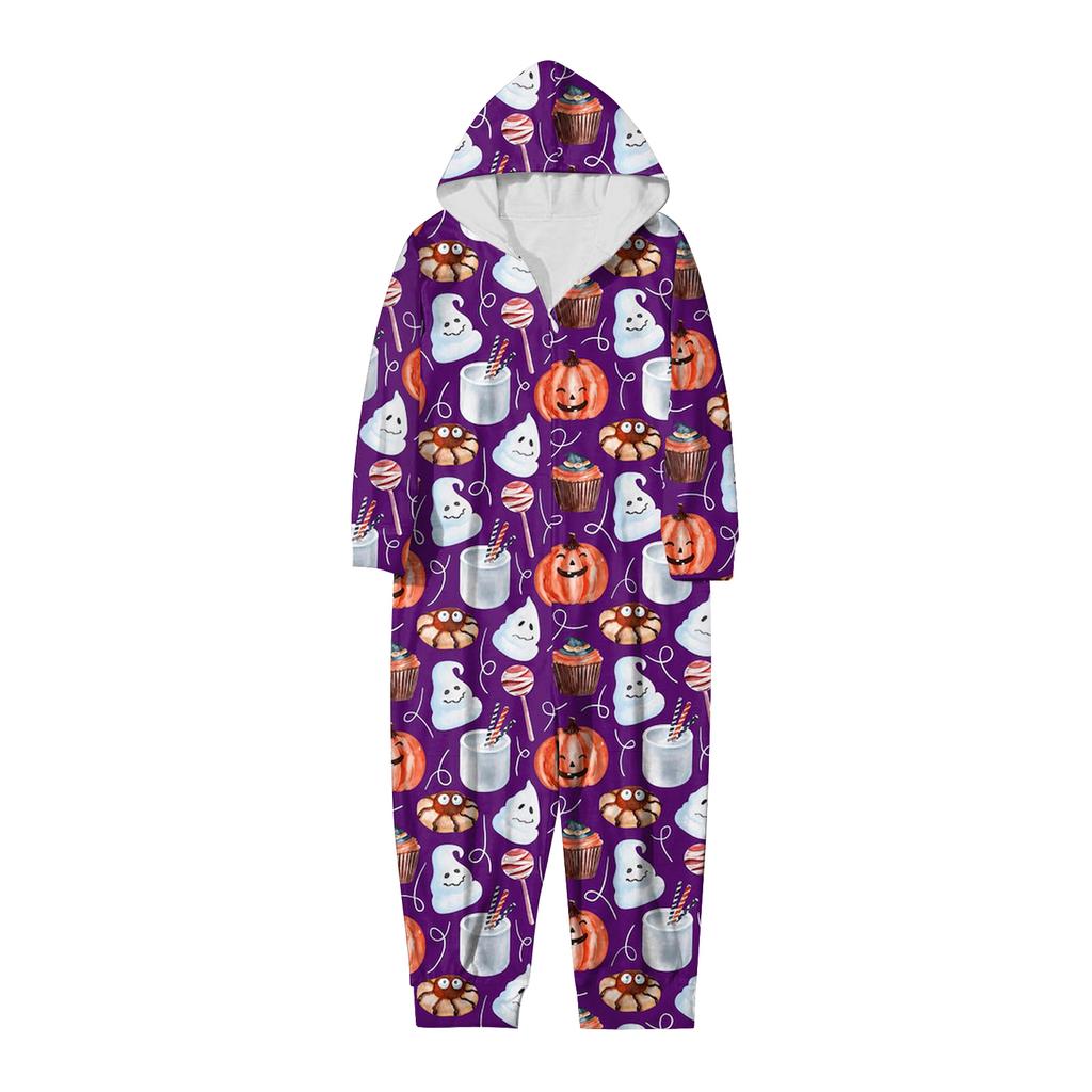 Halloween Printed Family Matching Hooded Long Sleeved Zippered Hooded  Jumpsuit Set