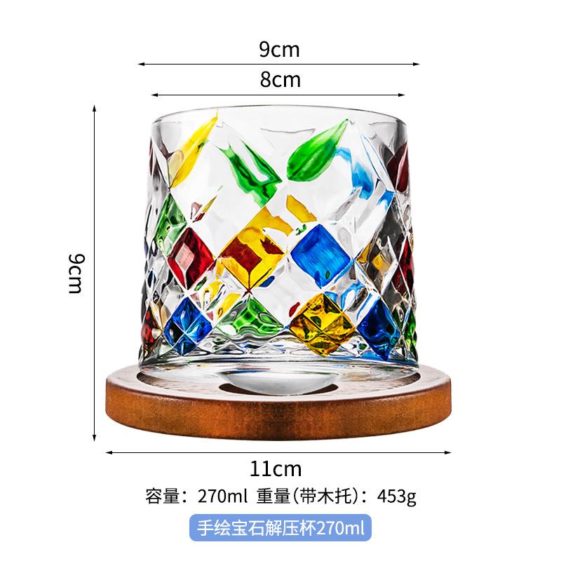 Spinning Colorful Whiskey Glass with Wooden Base Hand Painted Rotating Design for Stress Relief Fun Bar Decor Gift