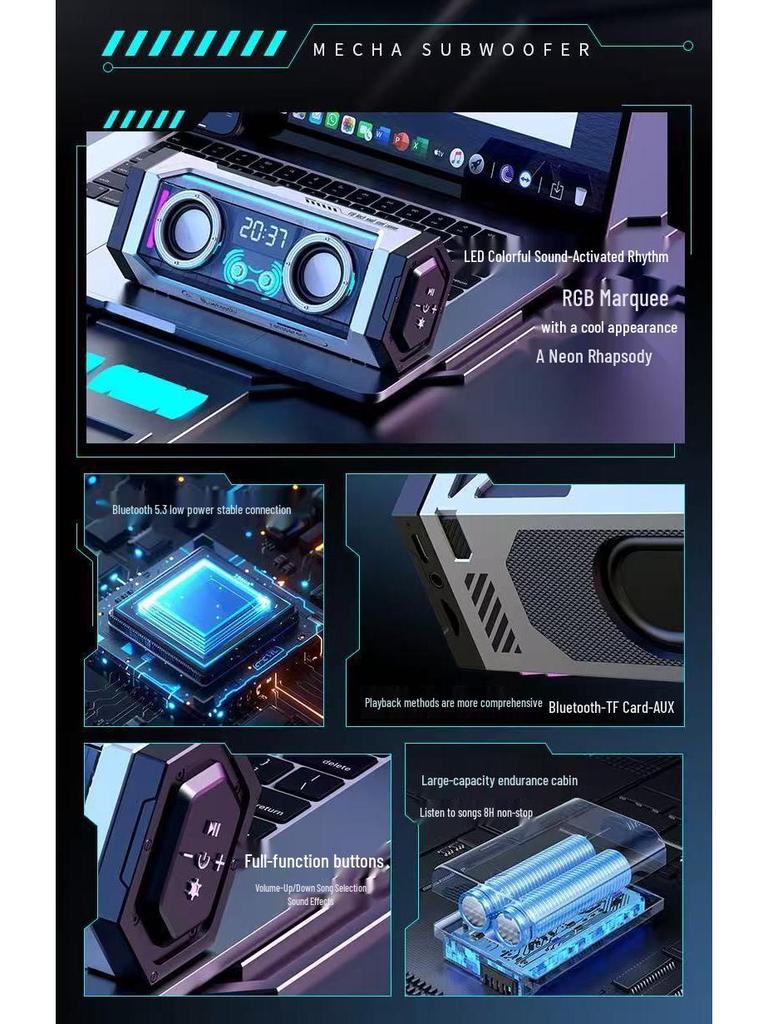 V18 Mecha Speaker: Portable Little Steel Cannon with HIFI Sound, Extended Battery, Heavy Bass, and Colorful Design.