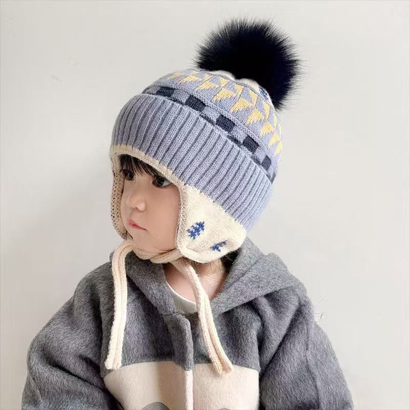 Ear Protection Baby Beanie Caps with Earflaps Soft Warm Pom Pom Winter Warm Knitted Hat for Infant Toddler Kids Boys Girls