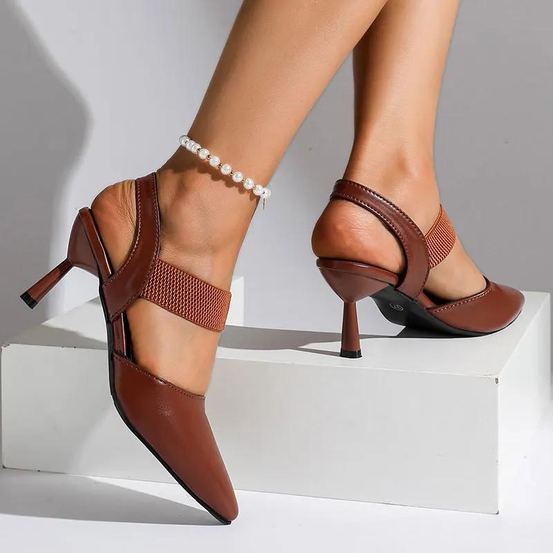 Elegant Rose Red High Heel Sandals for Women Pu Leather Thin Heels Dress Party Shoes Plus Size Elastic Band Pointed Toe Sandals