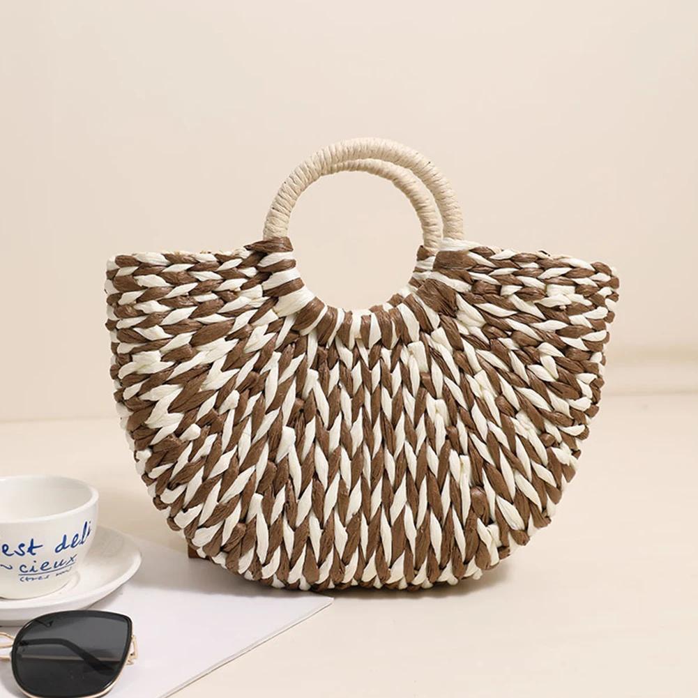 Women Half-Round Handbag Large Capacity Casual Travel Tote Bag Color Clash Semicircle Weaving Bag Female Leisure Bag