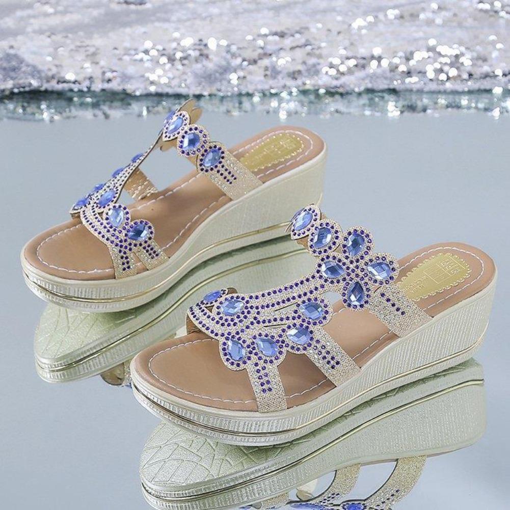 Fashion Women Sandals Summer Fashion High Heel Sandals Crystal Casual Shoes High Heels Rhinestone Thick-soled Wedge Slippers