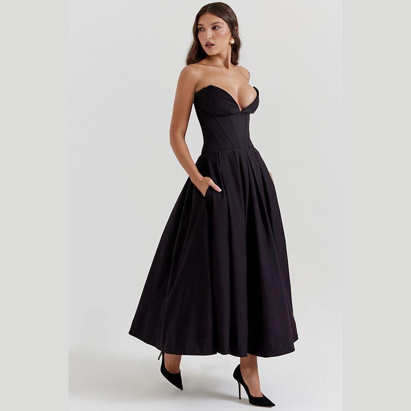 Dress Summer New Sexy Tube Top Long Dress Western Style Fashion Pointed Angle Fishbone Waist a Hem Dress Women