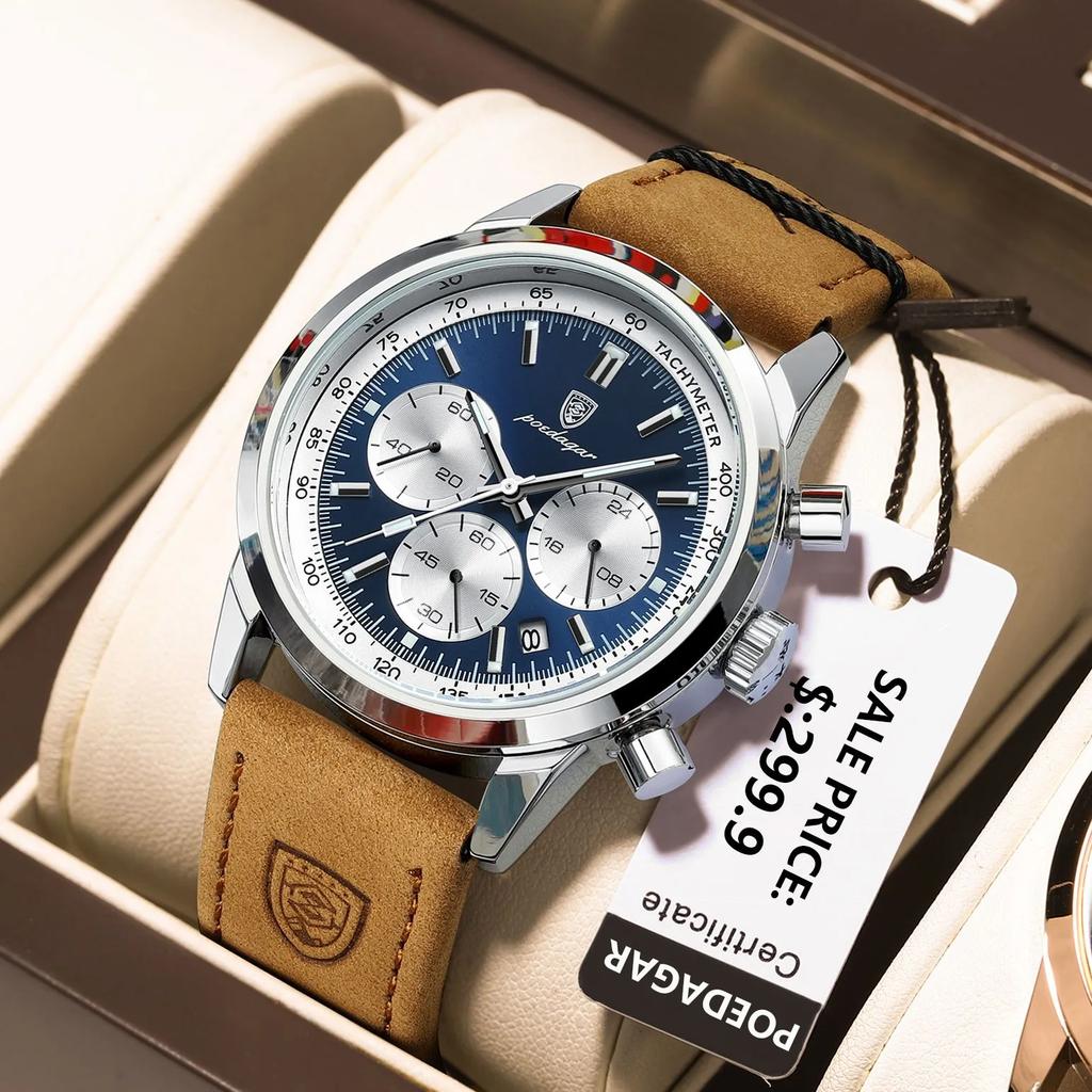 High Quality Sport Chronograph Men Quartz Watches Luxury Leather Wristwatch Waterproof Luminous Watch for Men