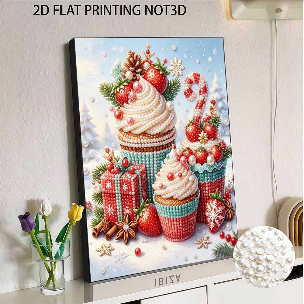 Weihnachts-Erdbeer-Cupcake Perlenmalerei-Set Festliche Winterfeiertage DIY Funkelndes Perlenleinwand Ästhetische Wanddekoration für Zuhause Kunstdekoration