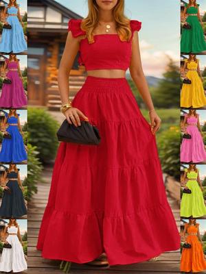 Set Rochie de Vară 2025 Europeană & Americană cu Spate Încrucișat, Talie Medie, Culoare Solidă, Bretele Subțiri, Croială Evazată