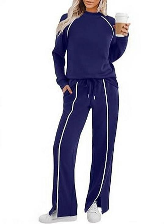Women's Crew Neck Long Sleeve Stretch Pants and Slit Sweatshirt Set