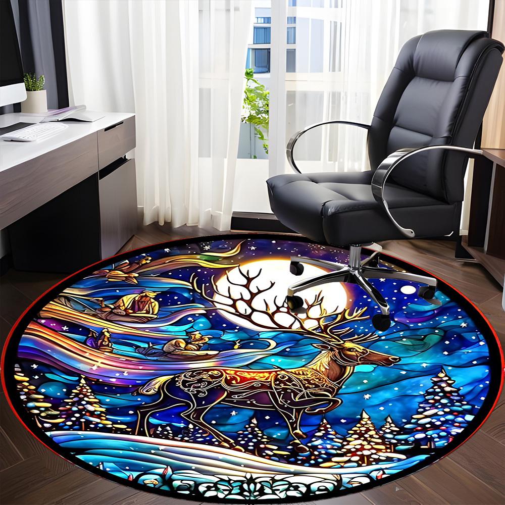 1pc Winter Wonderland Chair Carpet for Office, Round Polyester Mat, Indoor Decor for Office, Easycare Fabric, Washable Non-slip Area Carpet