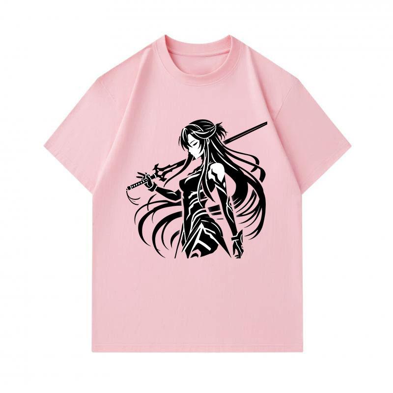 Men's 100% Cotton Crew Neck Short Sleeve T-Shirt, Cool Anime Female Samurai Sword Print Casual Tee, Comfortable Breathable Streetwear Top for Daily We