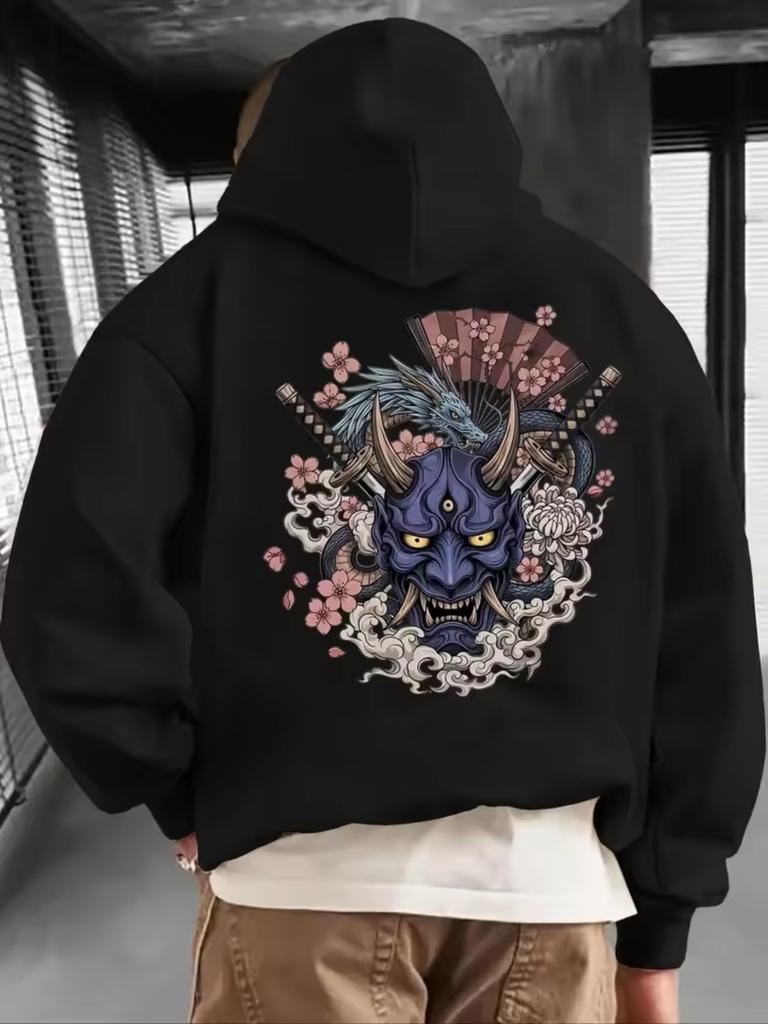 Japanese Hannya Mask & Samurai Swords Graphic Hoodie