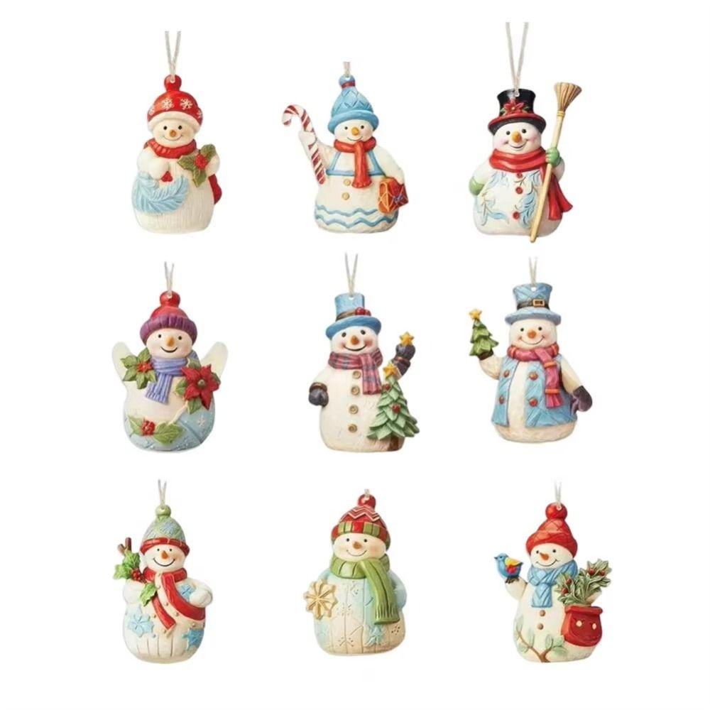 18Pcs Painted Design Wooden Snowman Pendant with Lanyard Cartoon Style Christmas Hanging Ornament 9 Snowman Designs