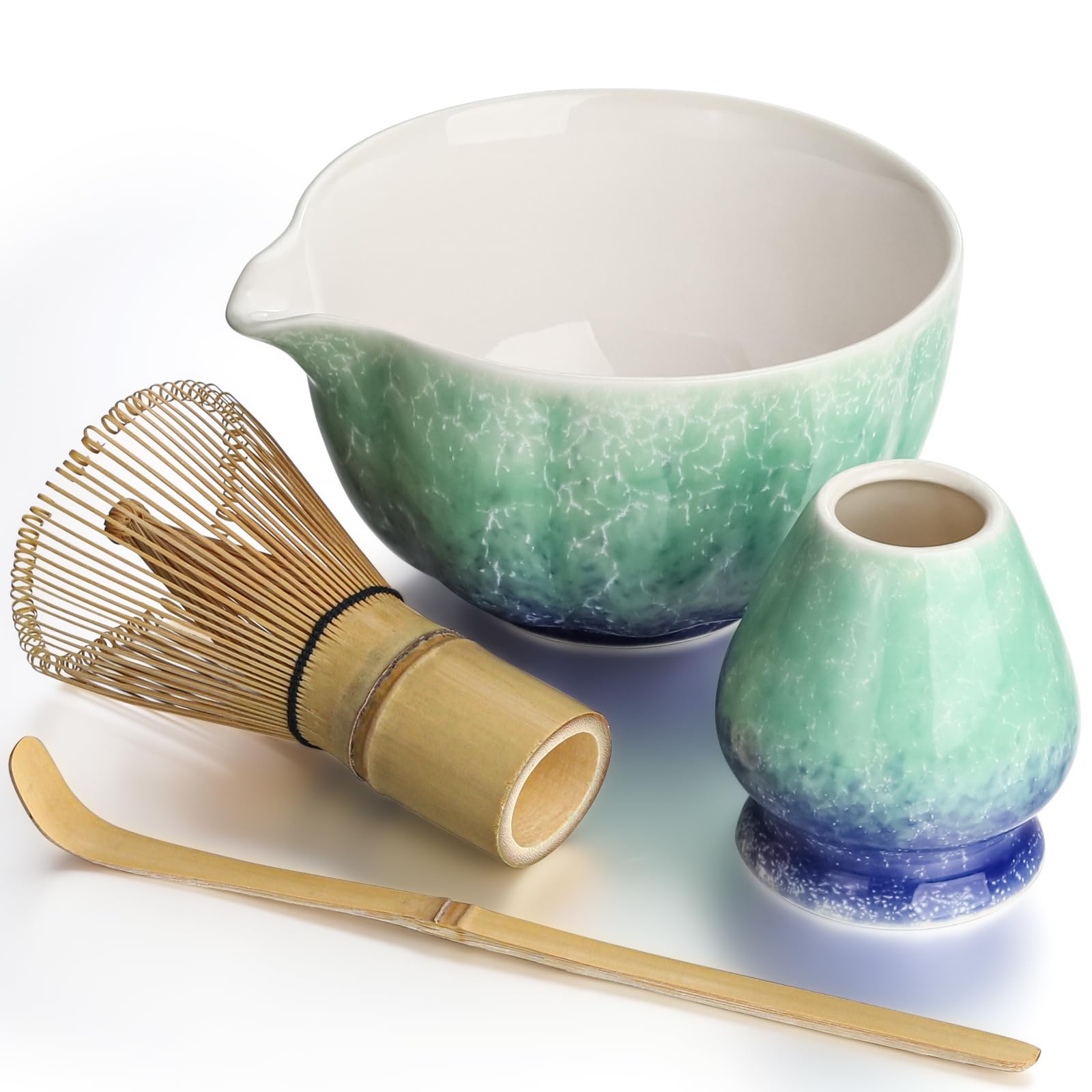 

4-Piece Matcha Tea Ceremony Set, Includes Matcha Bowl, 100-Standing Chasen, Chasen Stand, Straightener, and Chashaku (Tea Scoop), Perfect for