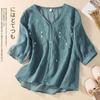 Women V‑Neck Embroidered Linen Cotton Blouse Loose Fit Plus Size Elegant Summer Pullover Shirt Top