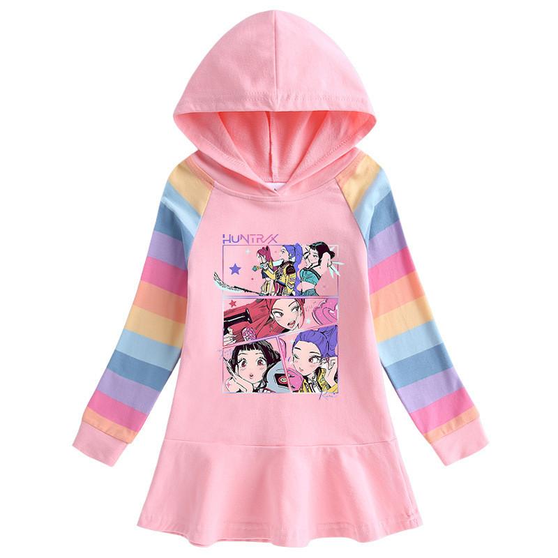 Kids Girls Kpop Rumi Zoey Mira Hunters Print Rainbow Hooded Dress 90cm