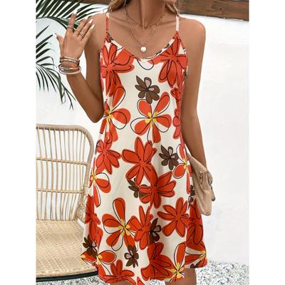 Rochie Cami cu imprimeu floral, Rochie fără mâneci cu bretele spaghete de vacanță, Îmbrăcăminte pentru femei