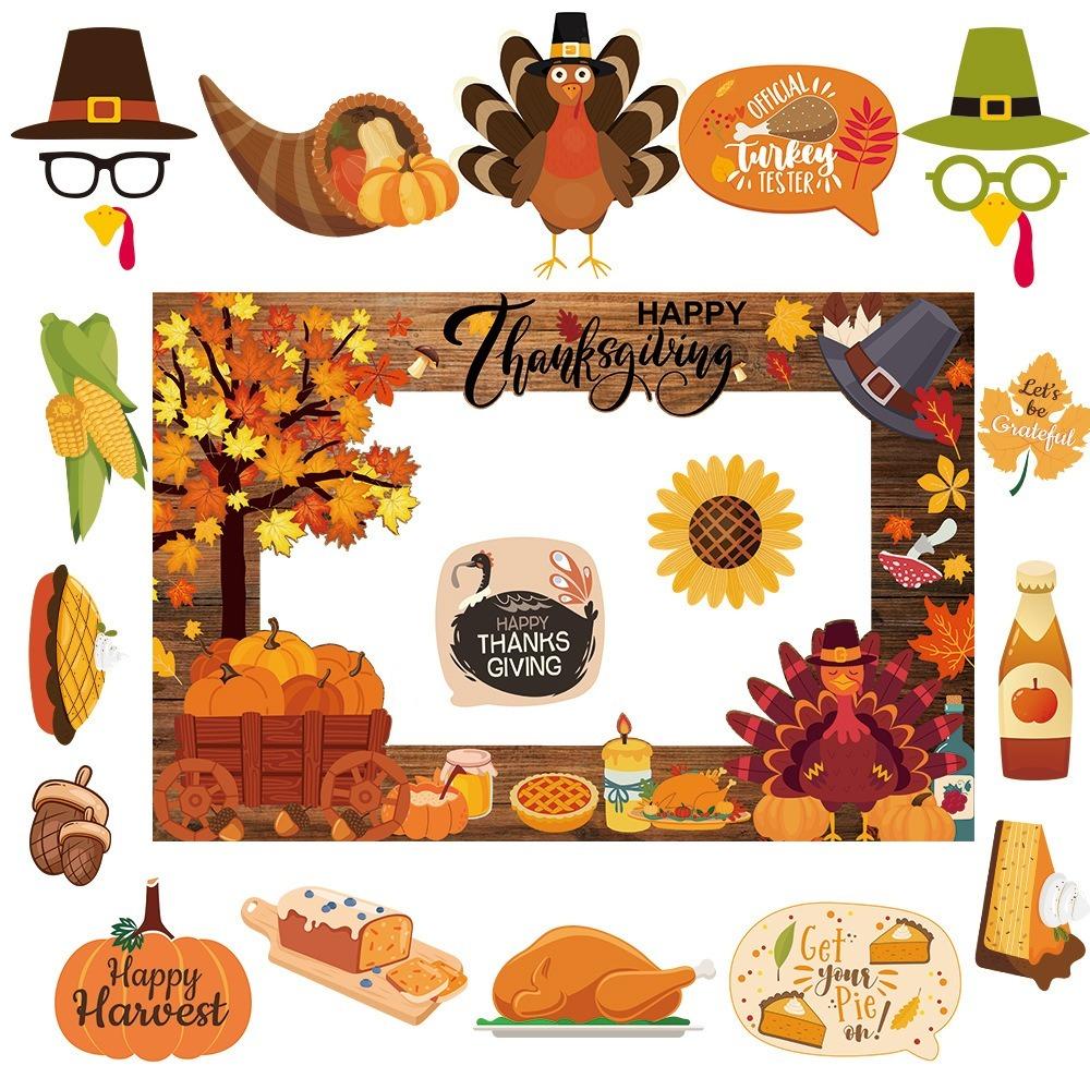 21pcs Cartoon Thanksgiving Photobooth Prop Glasses Pumpkin Turkey Party Paper Frame Autumn Leaves Mask Handheld Frame Prop
