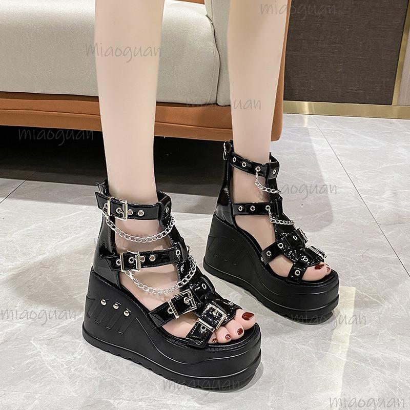 Women's Punk Platform Wedges Sandals Black Patent Leather Open Toe Sandals Metal Buckles Chain Chunky Sole Shoes Sandalias Mujer