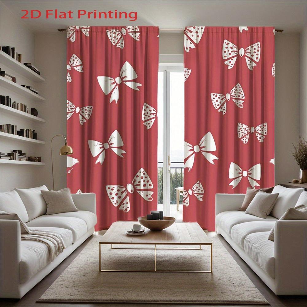 2pcs, 2D Flat Printing Curtains Red Background with White Bowknots Pattern for Amazon US, Rod Pocket Velvet Fabric Wind
