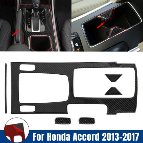 Hot 6Pcs Carbon Fiber Interior Gear Shift Set Cover Trim For 13-17 Honda Accord